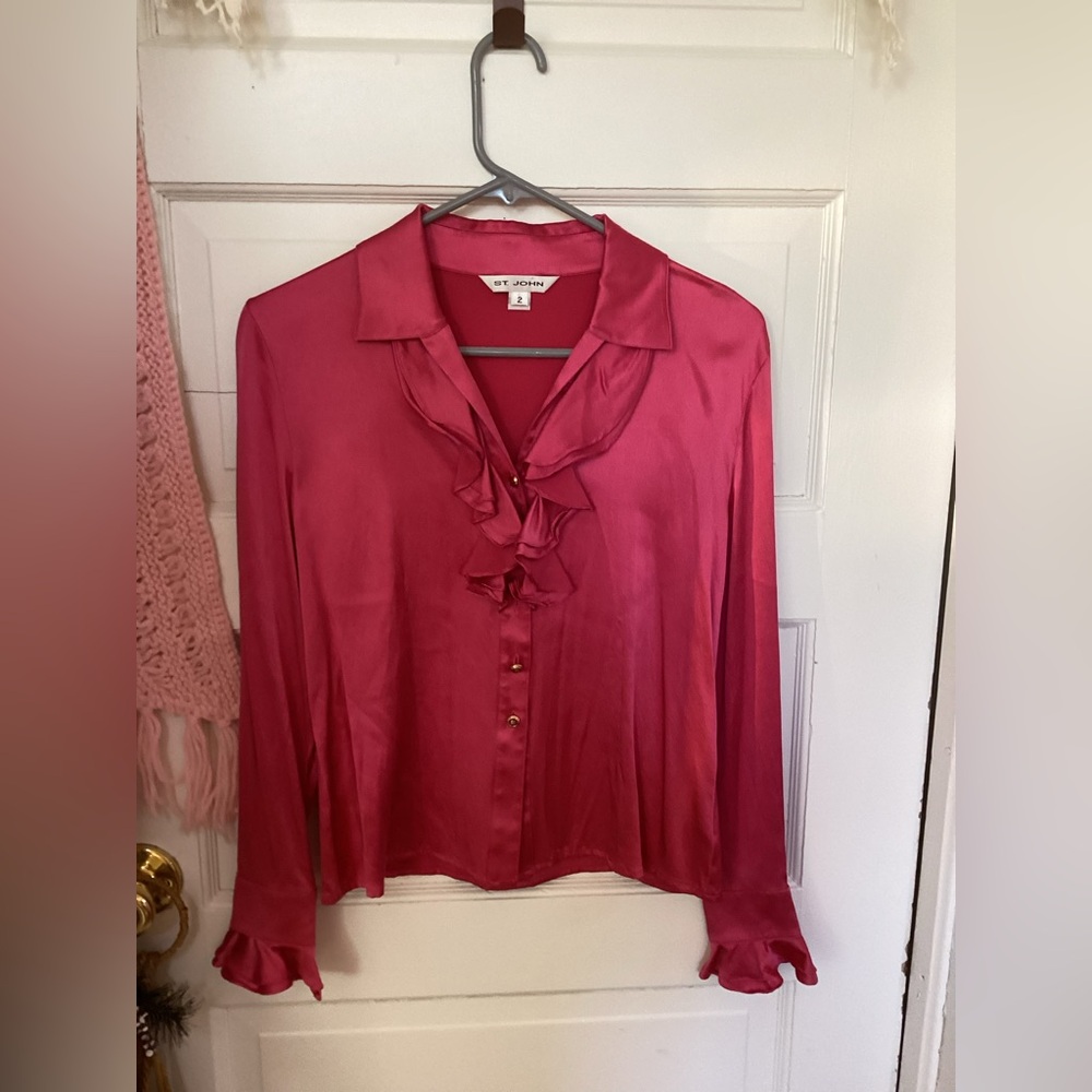 St. John Fuchsia Ruffle-Front Satin Blouse
